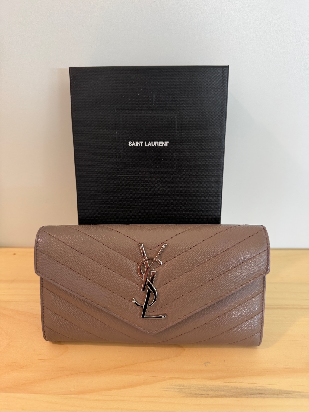 Saint Laurent Quilted Chevron Wallet - Taupe Brown